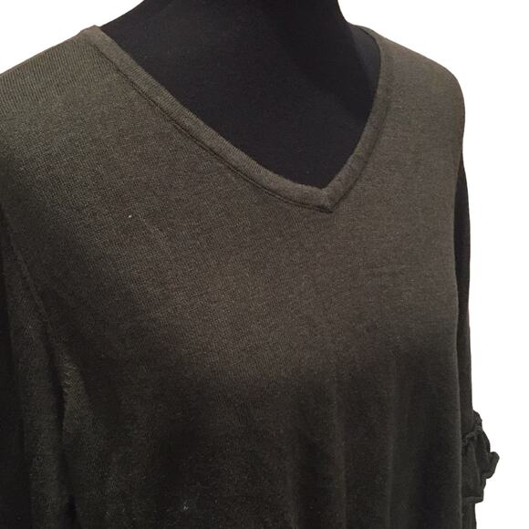 New Style & Co Womens 2X Dark Ivy Green Ruffled Elbow VNeck Long Sleeve Sweater - Picture 2 of 5